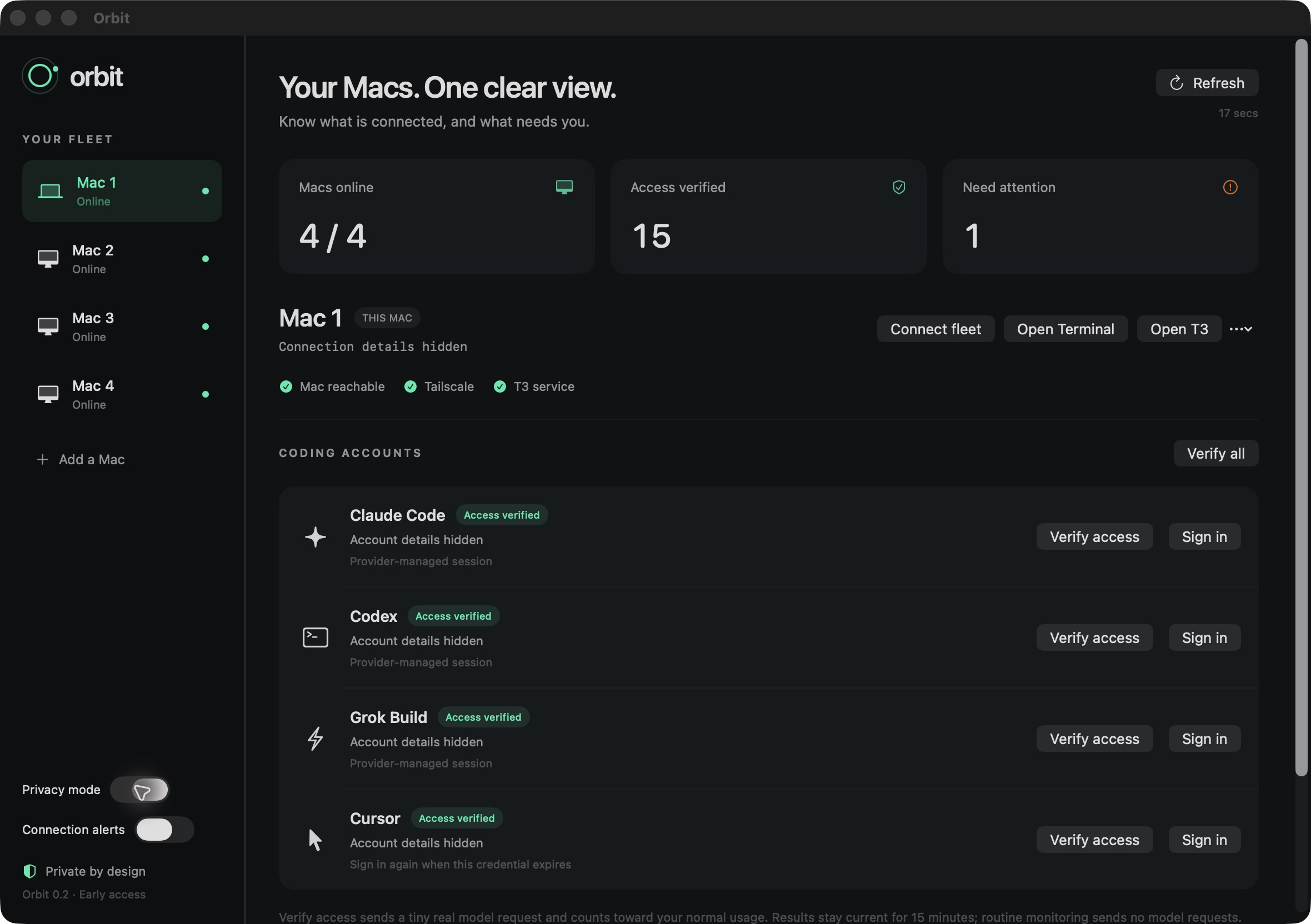 Orbit fleet dashboard showing four Macs and provider access states with private identifiers hidden