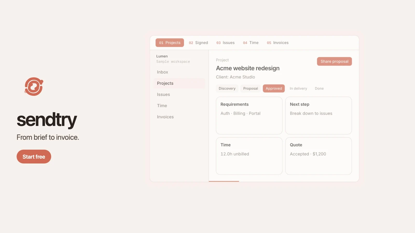 Sendtry product preview with a sample workspace, client brief, quote and delivery board