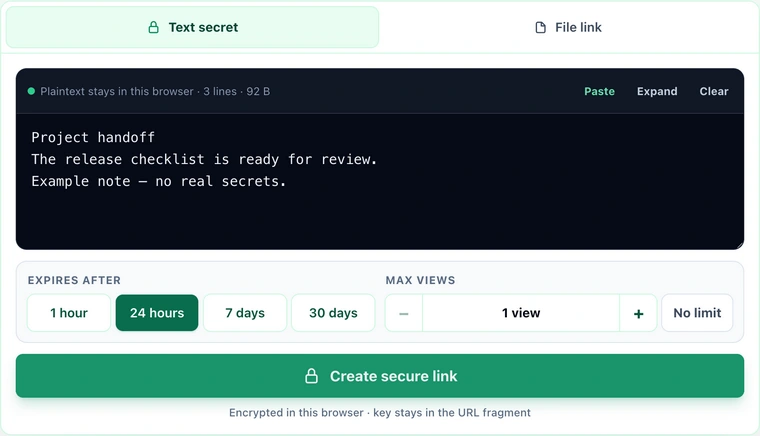 SharePassword sharing form containing a clearly labeled example note, expiry and one-view limit