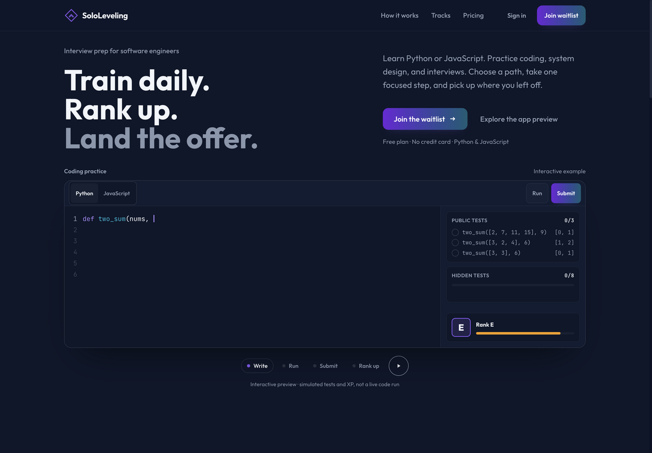 SoloLeveling public landing page with an illustrative coding practice session and waitlist access