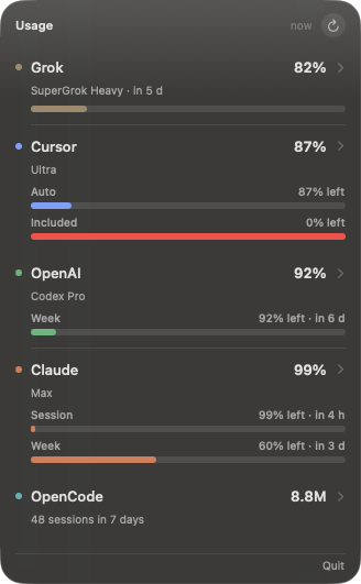 Uso menu bar panel showing the remaining usage for five AI coding providers